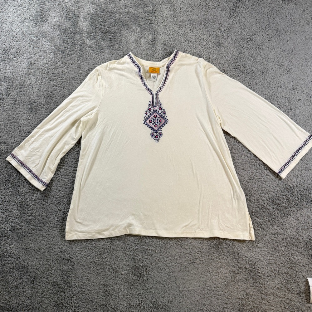 Ruby Rd Women XL Ivory Embroidered Split Neck 3/4 Sleeve Cotton Knit Top Studded